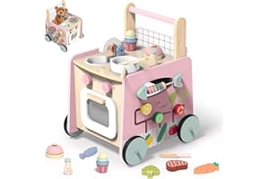 wiqins Wooden Baby Walker 9-in-1 Activity Center with Toddlers Montessori Sensory Toys and Play Kitchen Push Walker for Kids with Wheels and Storage Space, Ideal Gift for Girls Boys Ages 6-36 Month