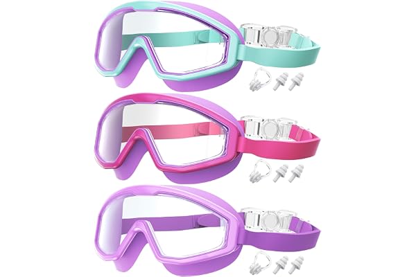 QALLY Kids Goggles Age 4-16, Anti-Fog UV 180°Clear View Kids Swim Goggles, 3 Pack Swimming Goggles Waterproof Pool Goggles