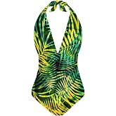 Biyejit Women One Piece Swimsuit V Neck Halter Ruched High Waist Tummy Control Backless Bathing Suits Plus Size S-3XL