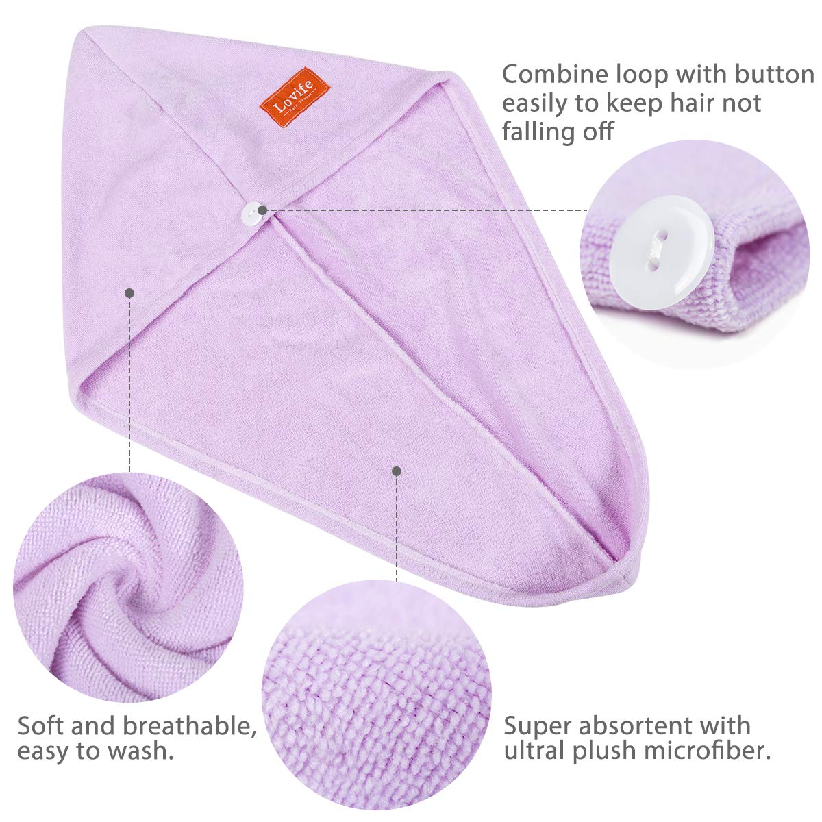 Lovife Microfiber Hair Towel Wrap 2 Pack Quick Drying Towels Hair Drying Turban Towel with Button Absorbent Cap for Long & Curly Hair Anti-Frizz
