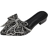 LVOMU Women's Bow Rhinestone Glitter Low Heels Mules Fashion Closed Pointed Toe Backless Slip on Comfortable Block Heel Pumps Sandals for Party Prom Date Wedding Dressy Slides