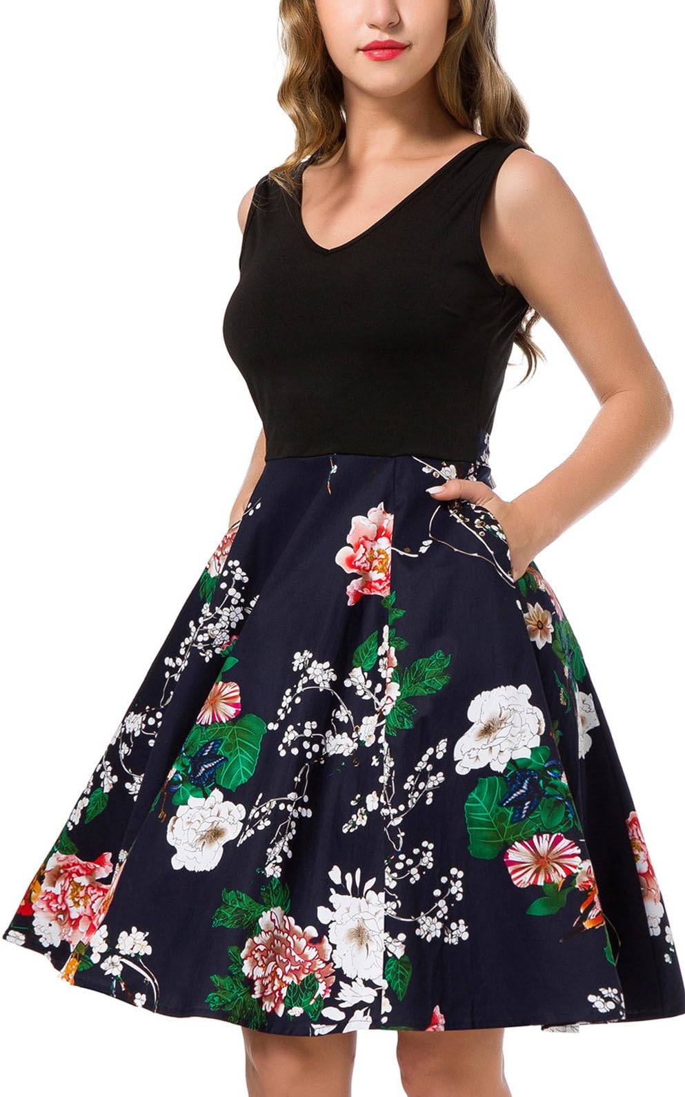 MOUEEY Women's Casual Flare Floral Dresses V Neck Sleeveless Party Mini Dress Navy S