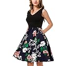 MOUEEY Women's Casual Flare Floral Dresses V Neck Sleeveless Party Mini Dress Navy XL