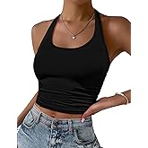 Ekouaer Women Halter Top Backless Scroop Neck Slim Stretchy Ribbed Knit Camisole Crop Tops S-XXL