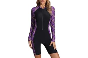 Halcurt Women's Boyleg One Piece Rash Guard with Built in Bra UPF50+ Zip Long Sleeve Full Body Modest Swimsuit