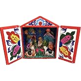 Handmade Peruvian Retablo Nativity Scene 5" Tall, Colorful Folk Art Christmas Decor from Peru, Hand-Painted Wood Box with Holy Family, Unique Altarpiece