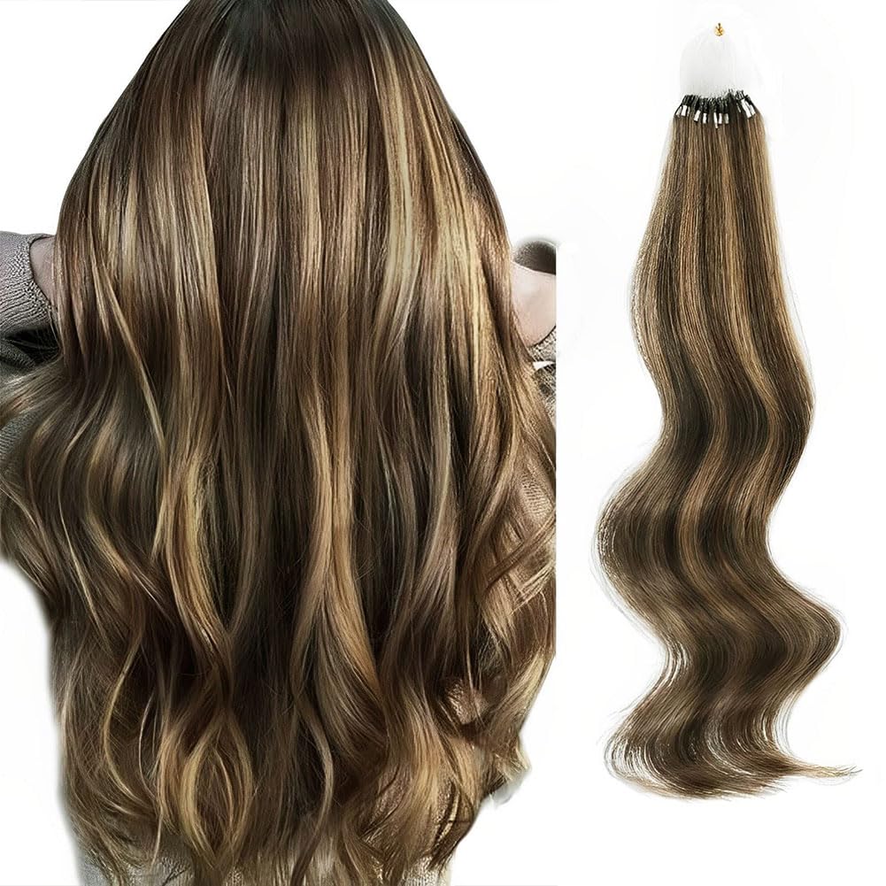 ABH AmazingBeauty Hair Micro Loop Human Hair Extensions 50g 50strands Micro Links Ring Hair Extensions Chocolate Brown with Caramel Blonde Highlights Straight Micro Ring Hair Extensions 14 Inch โ image 1