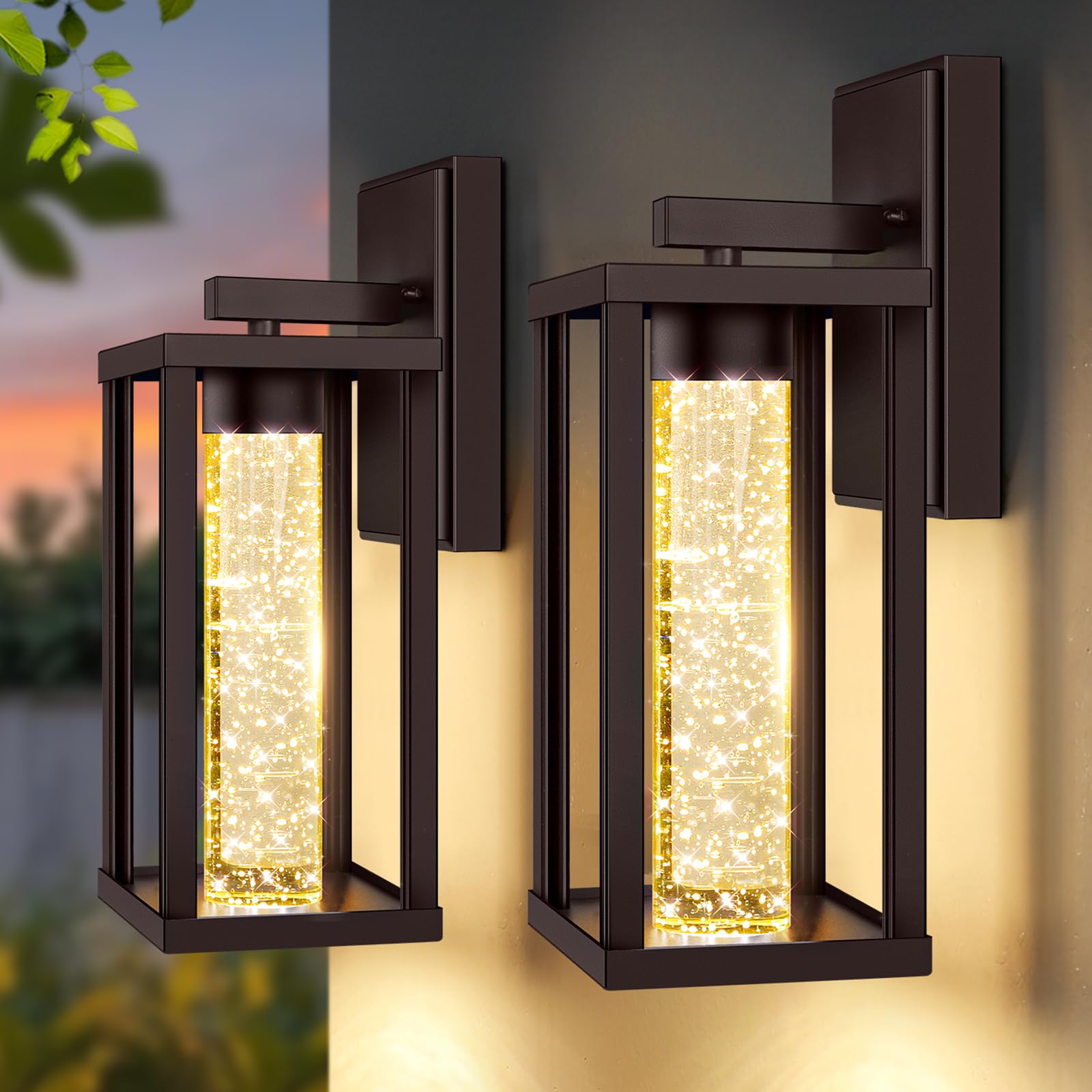 Photo 1 of 2-Pack Outdoor Wall Lights Fixture, Exterior Waterproof Outdoor Wall Sconces Lantern with Crystal Bubble Glass, Modern Brown Outside Lighting for Porch, House, Patio, Front Door