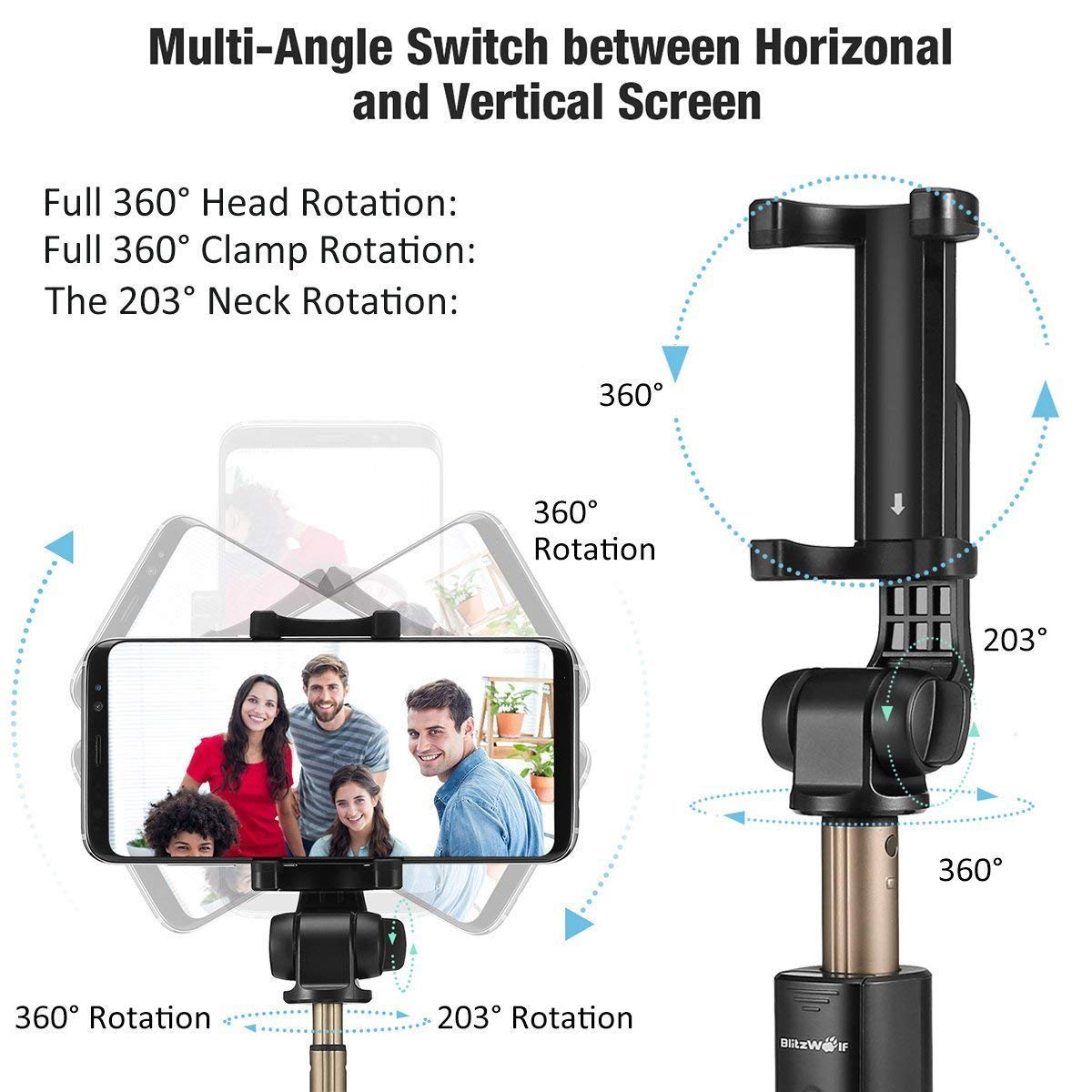 Bluetooth Bastone Selfie Treppiede con remoto per iPhone 7 7 plus 6 6s 6s plus Samsung Galaxy s7 edge Huawei p9 lite Android 3.6-6inch Smartphone Schermo - BlitzWolf 2 in 1 Estensibile Mini Selfie Stick Rotazione di 360 gradi