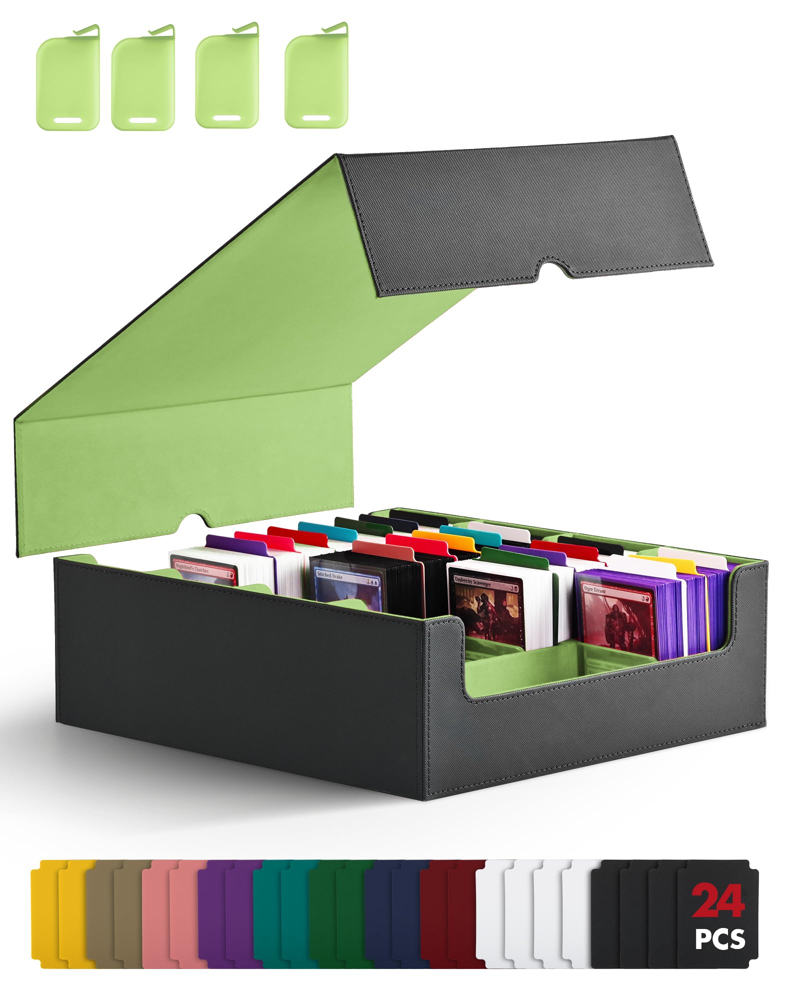 ZLCA Trading Card Storage Box, Commander Card Deck Case Holds 3000+ Cards, MTG Deck Box with 4 Stoppers, Magic Card Organizer for TCG PTCG Cards(Black& Green)