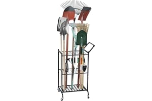 RANXFLOAT Garden Tool Organizer with Wheels, Yard Tool Tower Rack for Garage Organization and Storage, Up to 35 Long-Handled Tools,Metal Tool Holder with 6 Hooks, Black