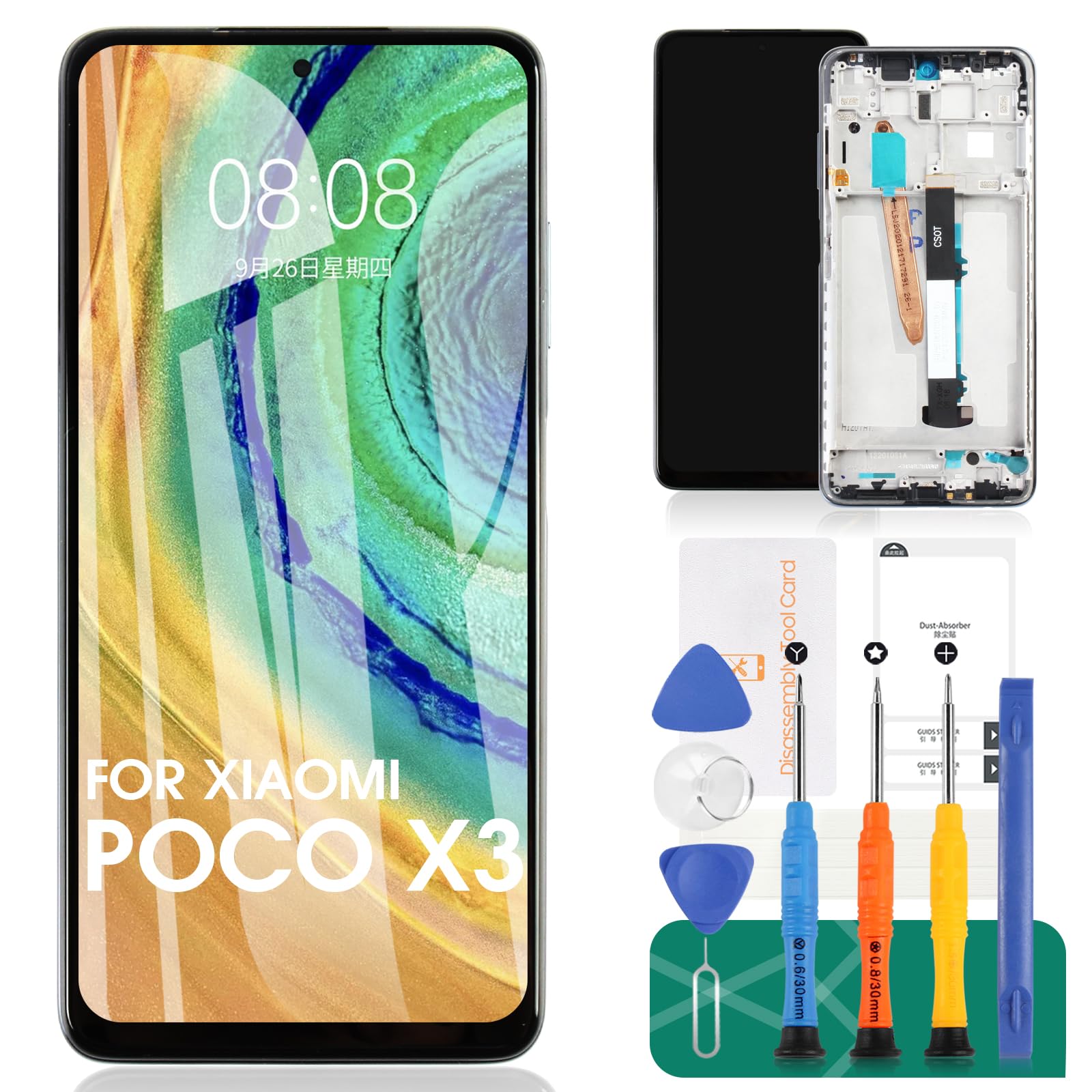 For Xiaomi POCO X3 Screen Replacement LCD Display For Xiaomi POCO X3 Pro Touch Screen M2102J20SG MZB07Z0IN Digitizer Repair Kits (Black,With Frame)
