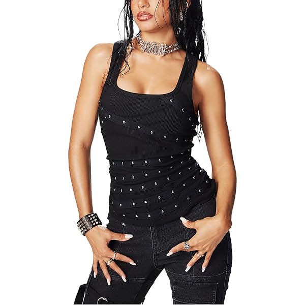 SOLY HUX Women's Punk Studded Ruched Tank Top Scoop Neck
