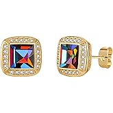 EVEVIC Austrian Crystal Square Stud Earrings for Women 14K Gold Plated Halo Birthstone Earring Jewelry Gifts