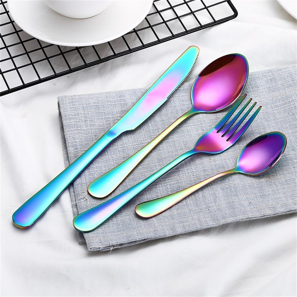 Librao 16Piece Stainless Steel Flatware Cutlery Set Western Tableware Knife Fork Spoon Teaspoon Travel Camping Dinnerware Set Colorful