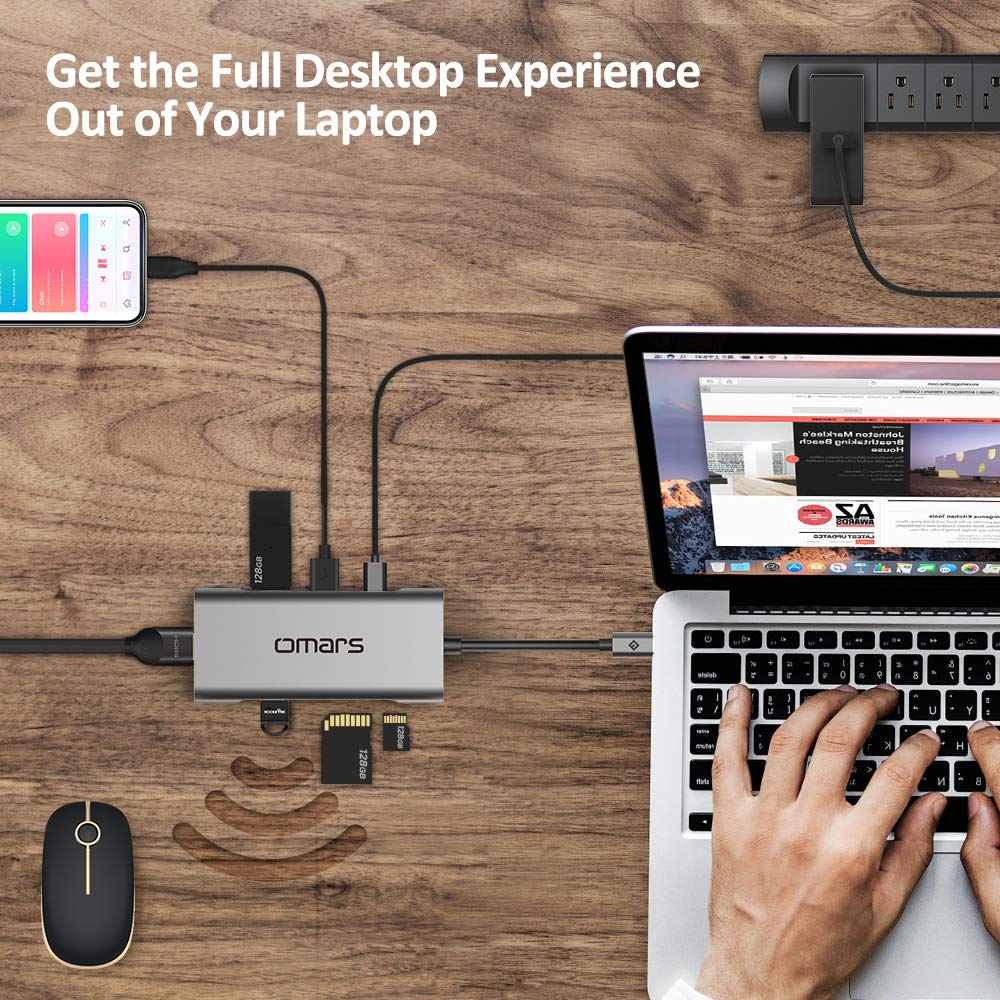 USB C Hub Omars 7-en-1 Adaptateur USB-C vers Type C 60W PD Port de Rechargement, 4K HDMI, 3 x USB 3.0, Lecteur de Carte SD & Micro SD Multiprise Dock pour MacBook Pro New MacBook 12\