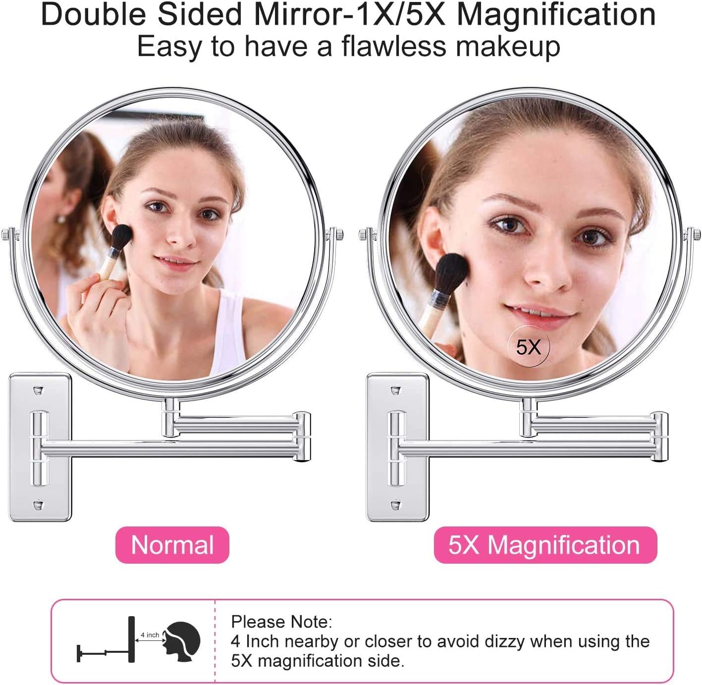 Gospire 9" Large Size Wall Mounted Makeup Mirror with 1X/5X Magnification, Double-Sided 360° Swivel - Image 3