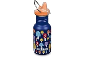 Klean Kanteen 12 oz Classic Kid's Sippy Bottle - For Little Hands - With Dust Cover & Attachable Loop - Durable, BPA-Free, Stainless Steel Material - Fits Interchangeable Caps - Mushrooms