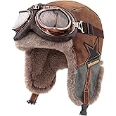 Peicees Aviator Hat and Goggles Pilot Cap with Goggles- Vintage Aviator Costume Winter Trapper Hat with Earflaps Adult