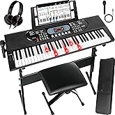 AQNIEGEP 61-Key Electric Keyboard Piano with Lighted Keys, Christmas Gifts, Premium Bundle: Stand, Bench, Mic,Headphones, Music Stand, Stickers, 70 Demos 200 Tones/Rhythms, Beginners/Adults