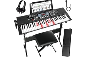 AQNIEGEP 61-Key Electric Keyboard Piano with Lighted Keys & Teaching Modes, Premium Bundle: Stand, Bench, Mic,Headphones, Music Stand, Stickers, 70 Demos 200 Tones/Rhythms, Beginners/Adults