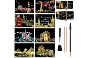 NAIHEY Scratch Paper Art Rainbow Painting, 8 Sheets Rainbow Scratch Off Mini Postcard Set Arts Supplies for Adults, Thanksgiving, Christmas, Birthday Party Game Toys Gift (City Building)