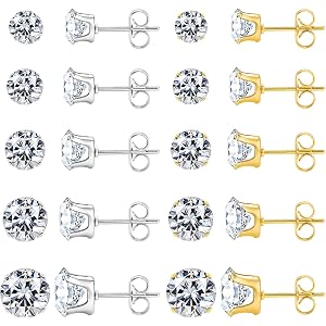 ONESING 10 Pairs Stud Earrings for Men Women Hypoallergenic Stainless Steel Earrings Studs Clear Round CZ Earring Studs Carti