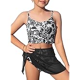 blibean Girls Swimsuit 3 Piece Bikini Sets with Cover Up Skirt Bathing Suit Size 6-15 Years