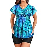 Yonique Women Tankini with Shorts and Pocket Two Piece Swimsuits Ruffle Sleeve Bathing Suit Flowy Swimwear