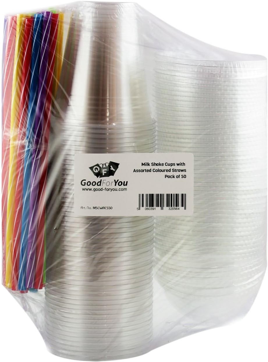 MilkShake Cups with Dome Lids and Straws -12 Oz Clear Plastic - Pack of 50