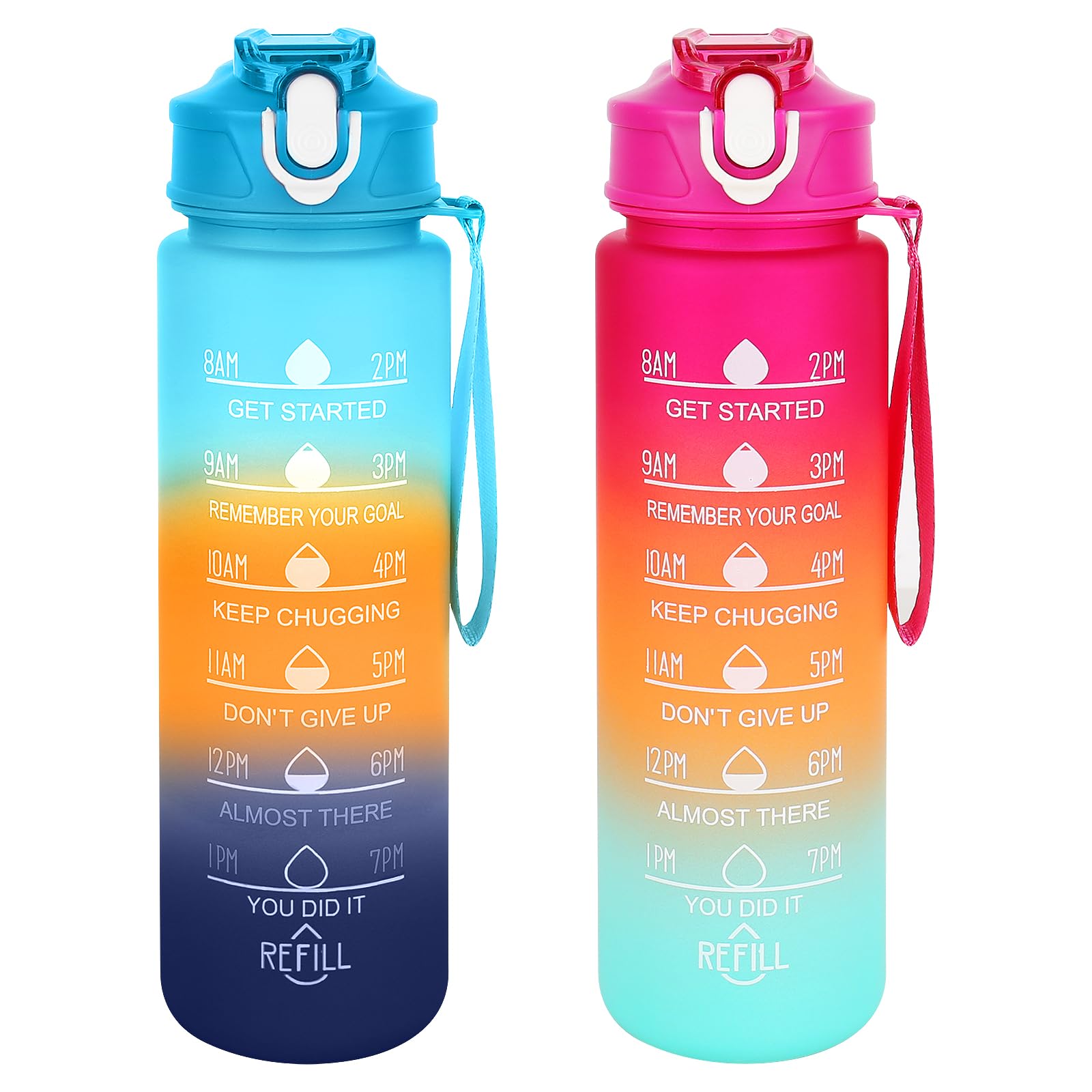 MJFENDAI 2pcs Sports Water Bottle, 750ML Water Bottle with Straw, Leak Proof Flip Top Lid, BPA Free, Drinks Bottle with Straw and Time Scale for Gym, Hiking, Fitness, Yoga (2 Bottle)
