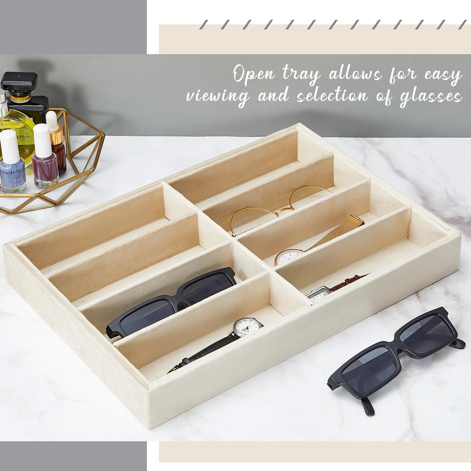 Amylove 2 Pcs Sunglass Organizer Trays Glasses Stackable Jewelry Trays Sunglass Organizer Display Box(8 Grids,Beige)