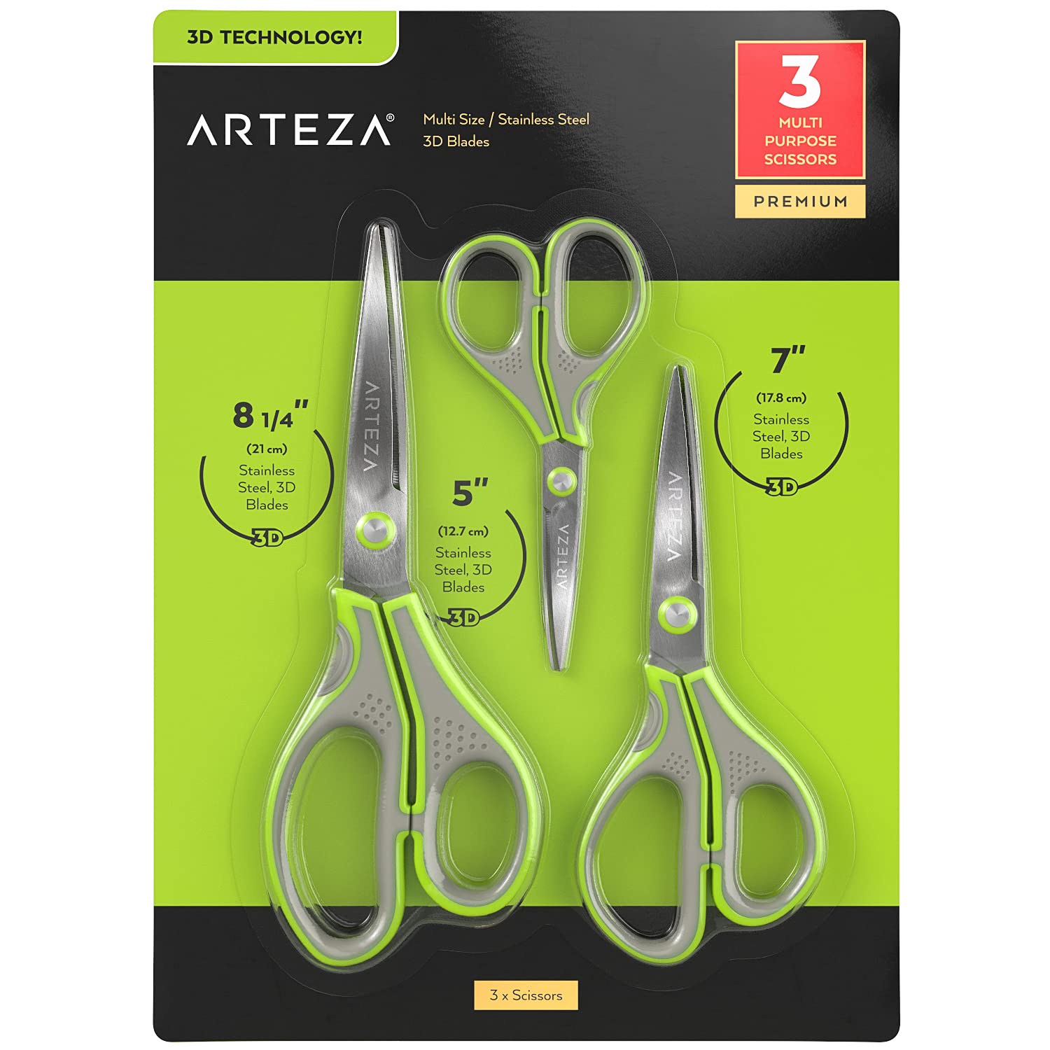 Arteza Heavy-Duty Scissors, Set of 3 – 12.7 cm, 17.8 cm, and 21 cm, Stainless Steel Scissors with 3D Blades, Home Supplies for Crafting, Cooking, and School Projects