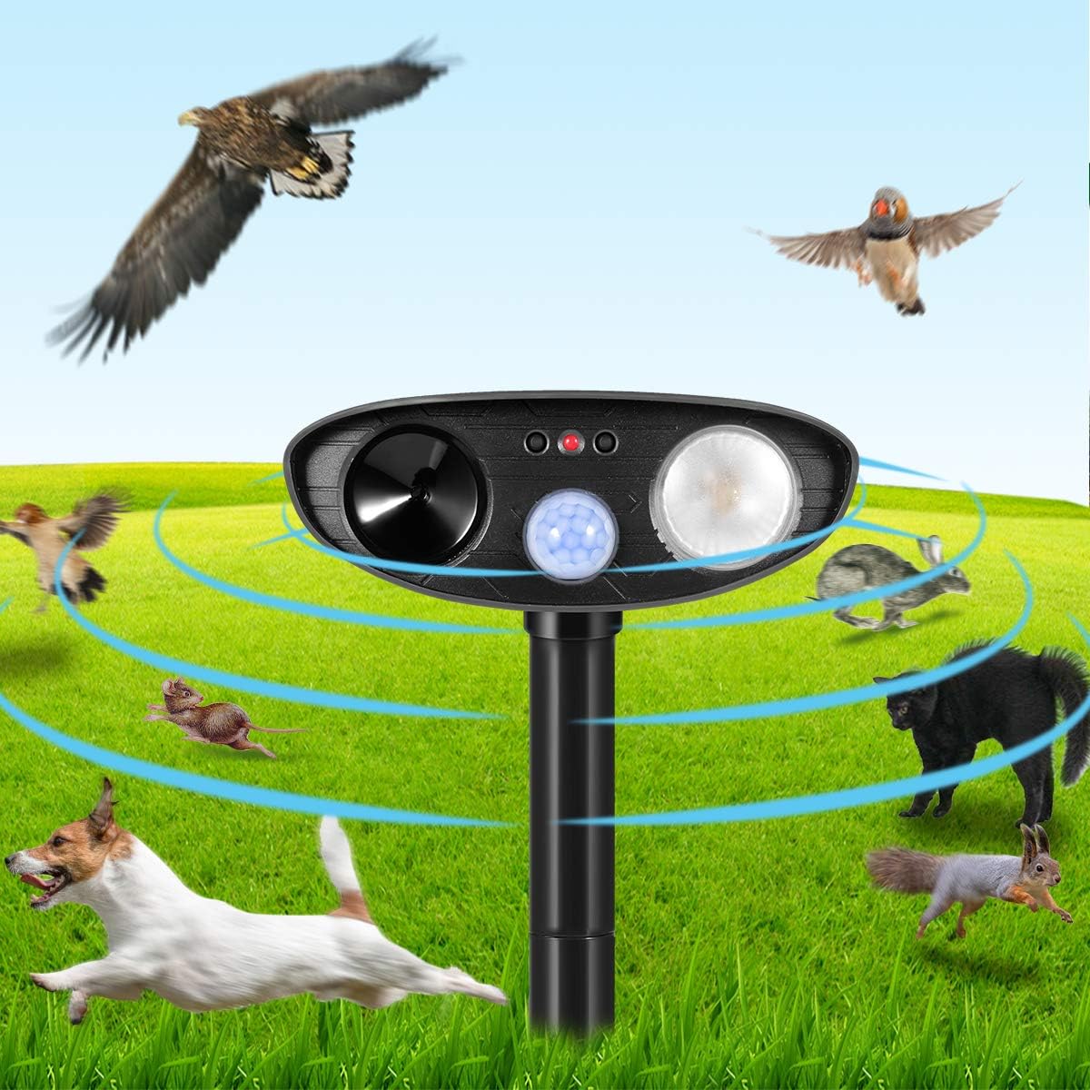 Dog Cat Repellent, Ultrasonic Animal Repellent with Motion Sensor and Flashing Lights Outdoor Solar Powered Waterproof Farm Garden Yard Repellent, Cats, Dogs, Foxes, Birds, Skunks, Rod,Chipmunk,Deer