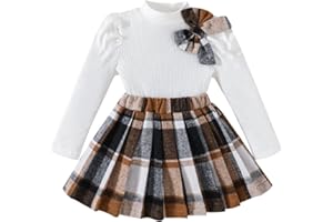 Guodeunh Toddler Girls Plaid Outfits Fall Winter Knit Ribbed Bow Sweatshirt Tops Pleated Skirts Set Holiday Picture Clothes