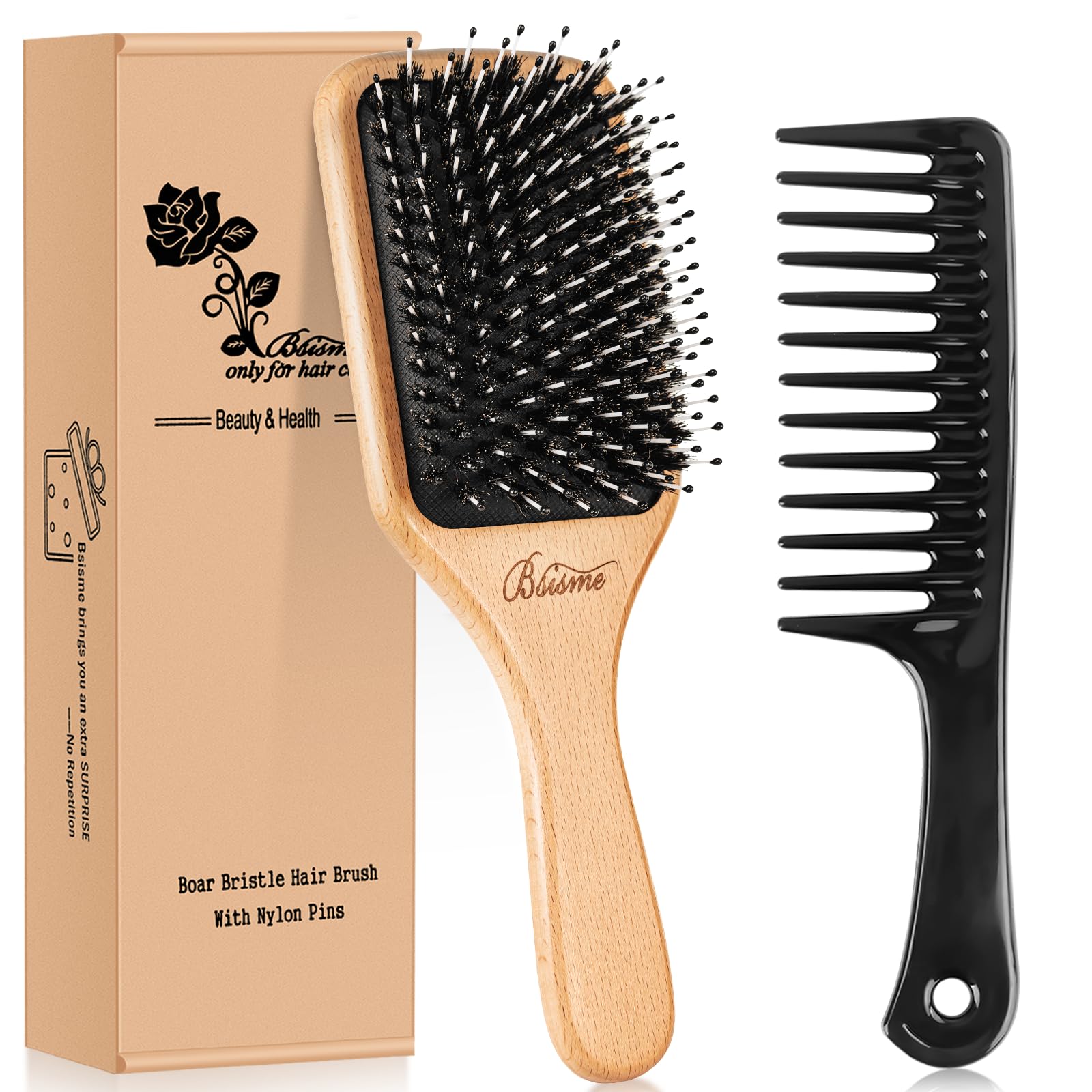 Bsisme Boar Bristle Hair Brush Women Mens with Soft Nylon, Detangle Curly Thick Hair Wooden Paddle Hairbrush and Comb, Enhance Shine Reduce Frizz Promotes Healthy Hair Growth, Exquisite Rose Carving