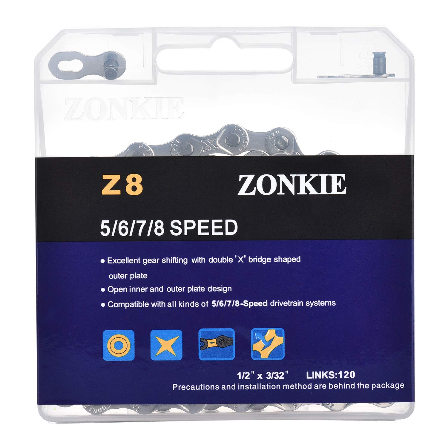 5/6/7/8-Speed Bicycle Chain 1/2 x 3/32 Inch 120 Links