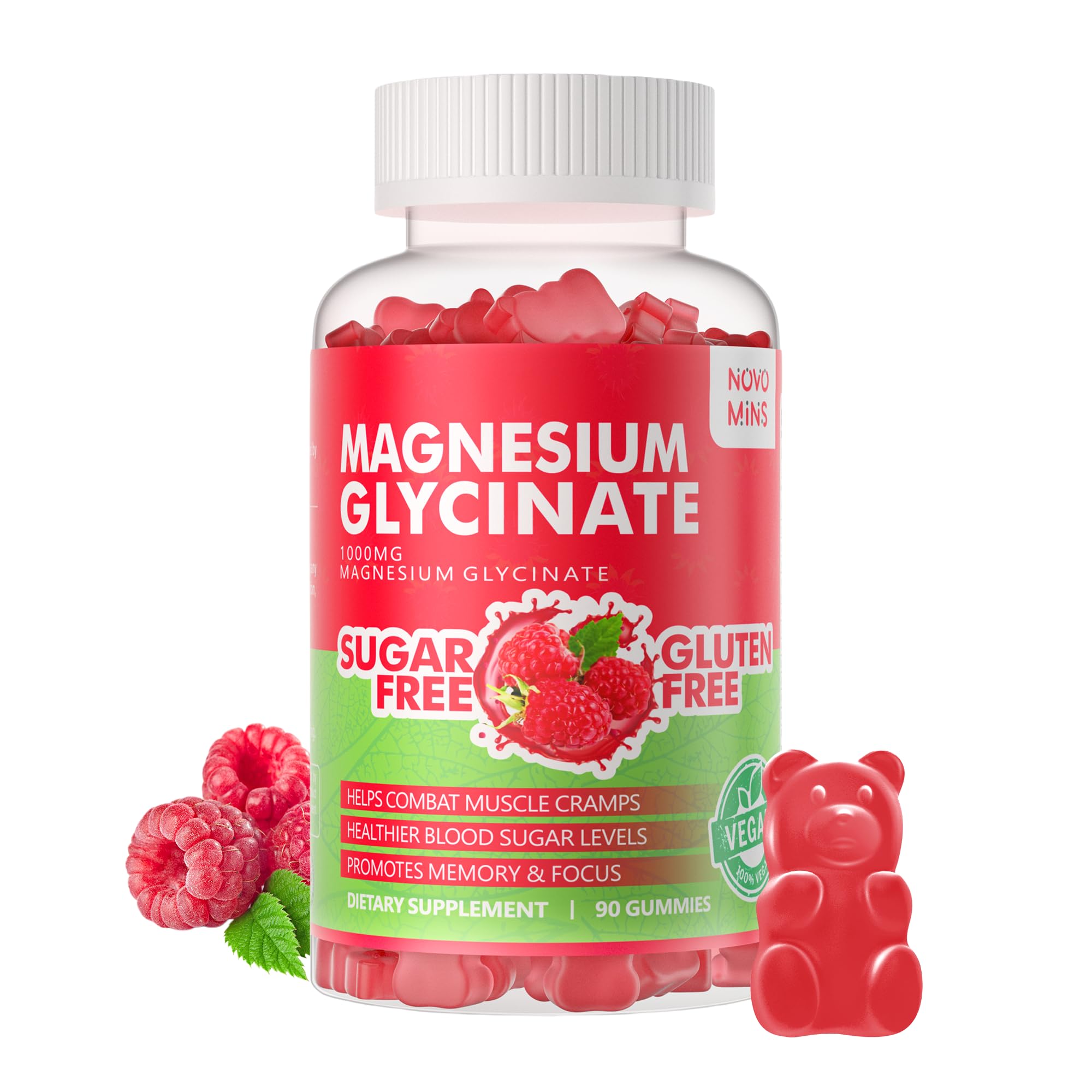 Photo 1 of 90 CT Magnesium Glycinate Gummies 1000mg - Sugar Free Magnesium Potassium Supplement with Vitamin D, B6, CoQ10 for Calm Mood & Sleep Support - 90 Raspberry Gummies