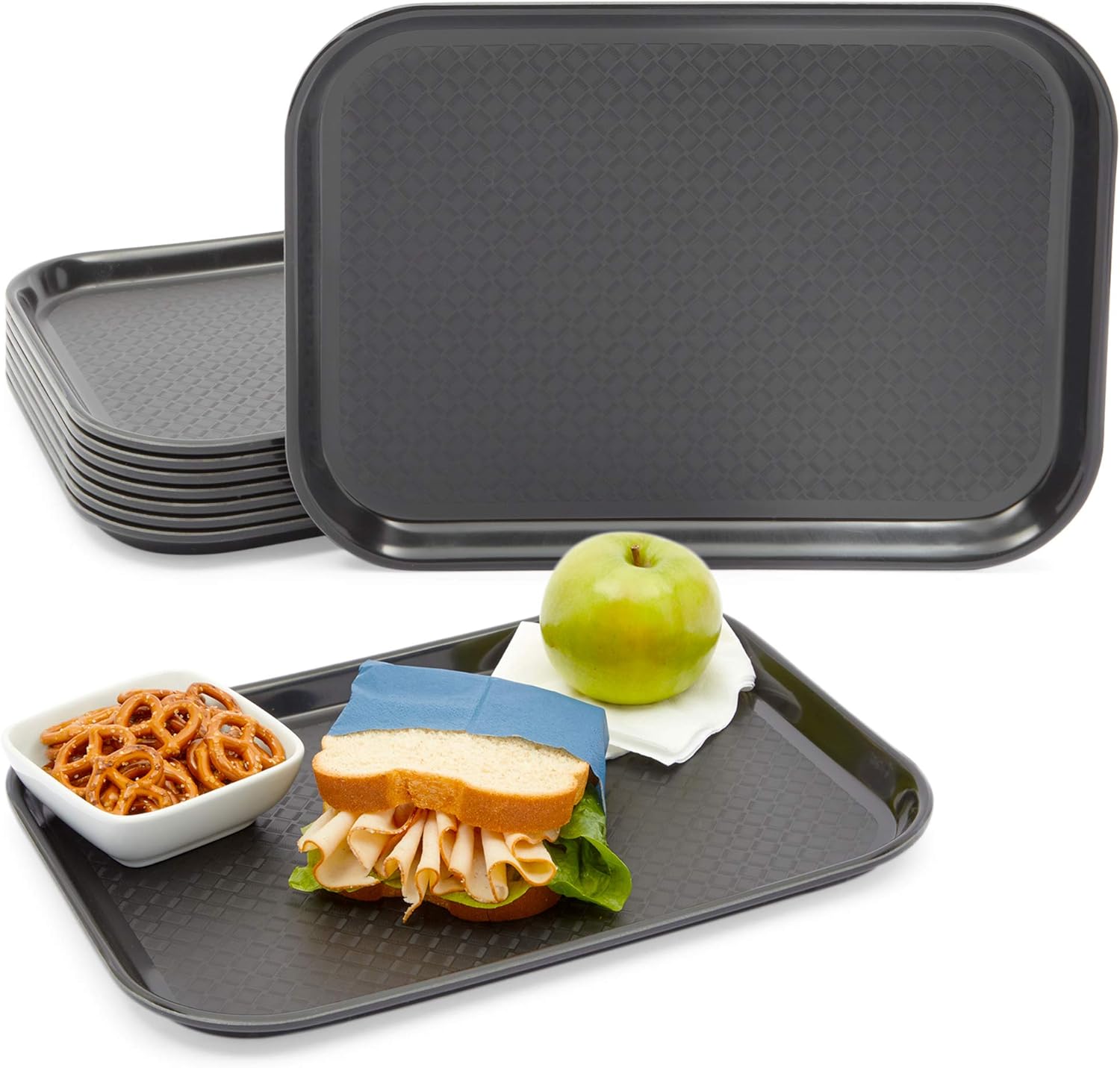 Black Plastic Serving Trays, Cafeteria Food Server (13.9 x 9.9 In, 8 Pack)
