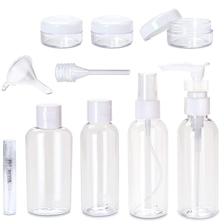 Kleines Reise Flaschen Set - 8 Behälter inkl. 1-Liter Kulturbeutel für Flüssigkeiten (transparent) für Kosmetik Shampoo Duschgel Cremes + Pipette Trichter zum leichten Befüllen | Ideal fürs Handgepäck