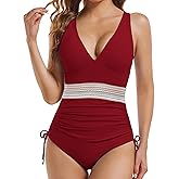 Women's One Piece Swimsuits Tummy Control Bathing Suits for Womens Color Block Drawstring V Neck Slimming Swimwear Swim Suits Sexy Cute Push Up Ruched Deep Modest Teen Girl Curvy Swimming Red L