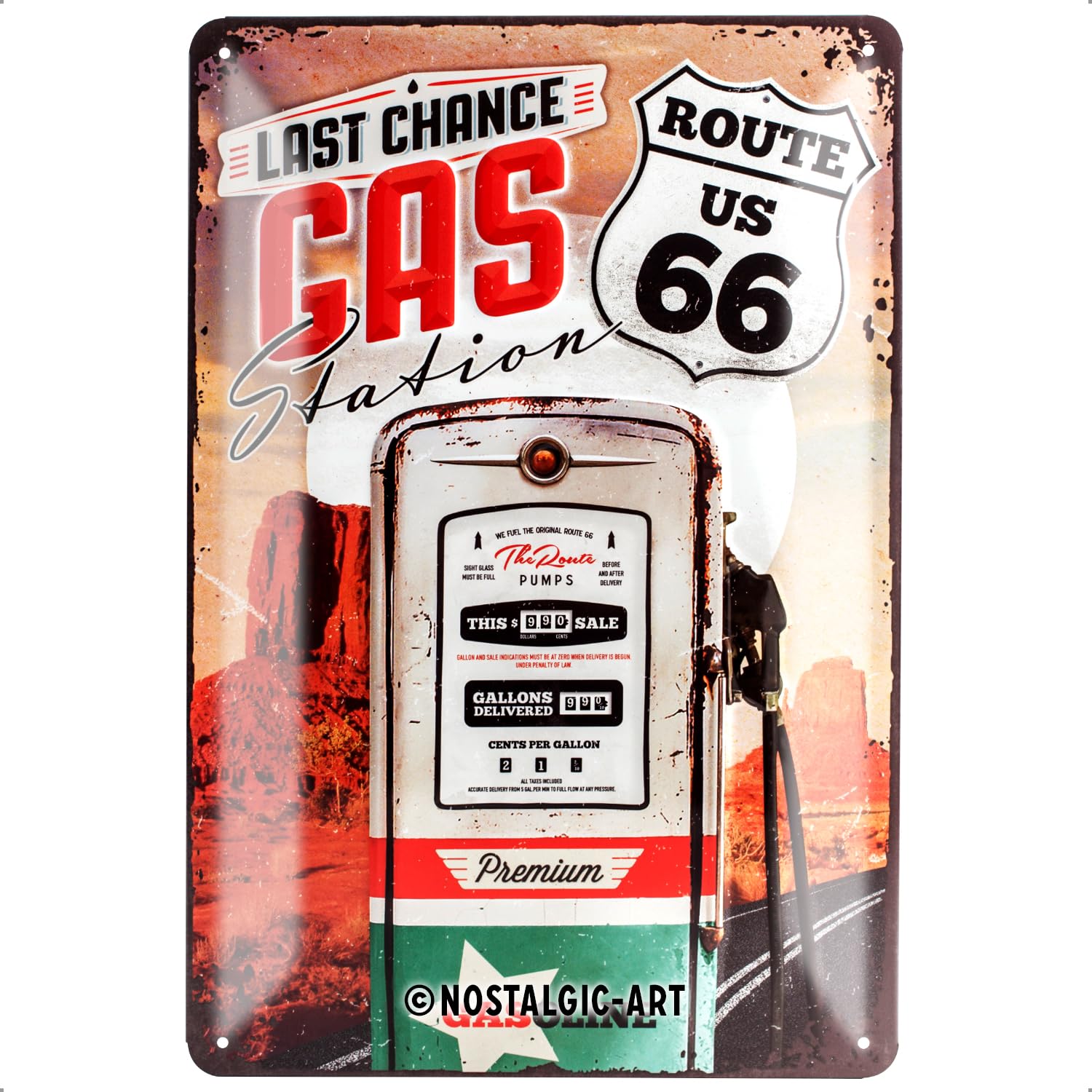 Nostalgic-Art Retro Tin Sign – US Highways – Route 66 Gas Station – Gift idea for USA fans, Metal Plaque, Vintage design for decoration, 20 x 30 cm