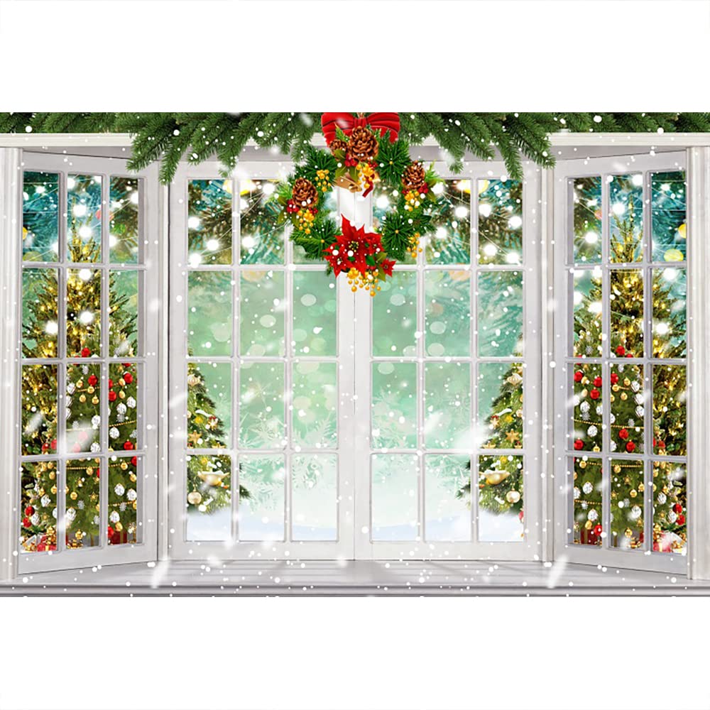 Aoihrraan 1,5x1m Christmas Windowsill Photography Backdrop Xmas Tree Wreath French Sash Window Winter Snowflakes Background New Year Festival Family Party Decor Banner Portrait Photo Studio Props