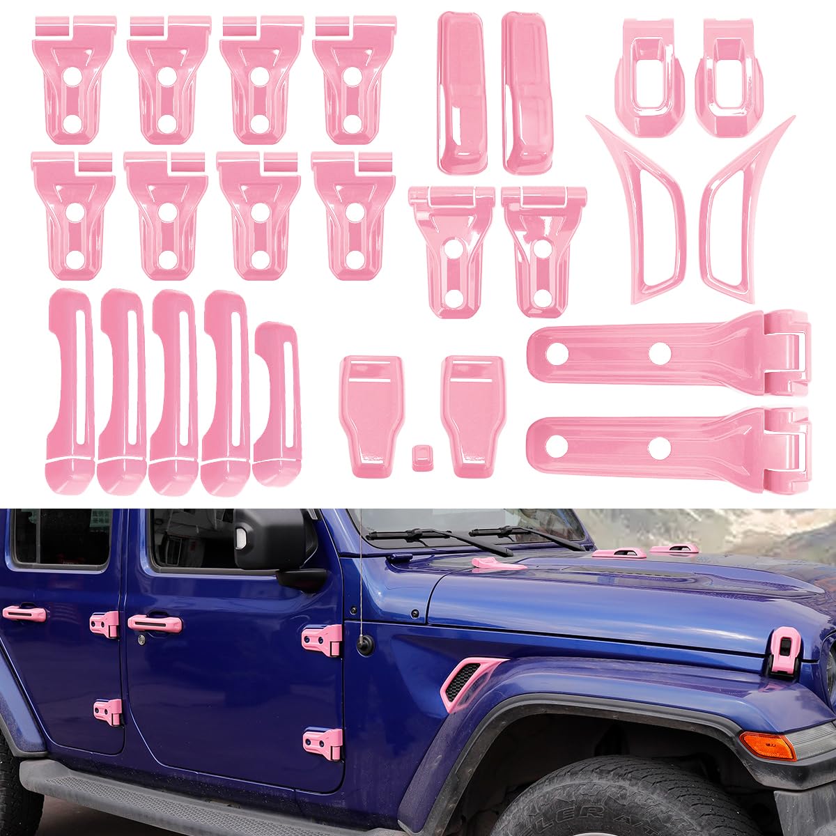 View 1 of ***missing parts***Barong for Jeep Wrangler JL JLU 2018-2025 Accessories Exterior Decoration Door Hinge Handle Engine Hood Hinge Hood Latch Wheel Eyebrow Side Air Outlet Rear Window Hinge Cover 26PCS Full Set (Pink)