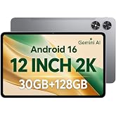 12 Inch Android 16 Tablet, 2K Display, 30GB RAM, 128GB Storage Expandable | Android Tablet 8000mAh battery with USB-C GPS Face Unlock Widevine L1 for Streaming, Screen Protector gift box included