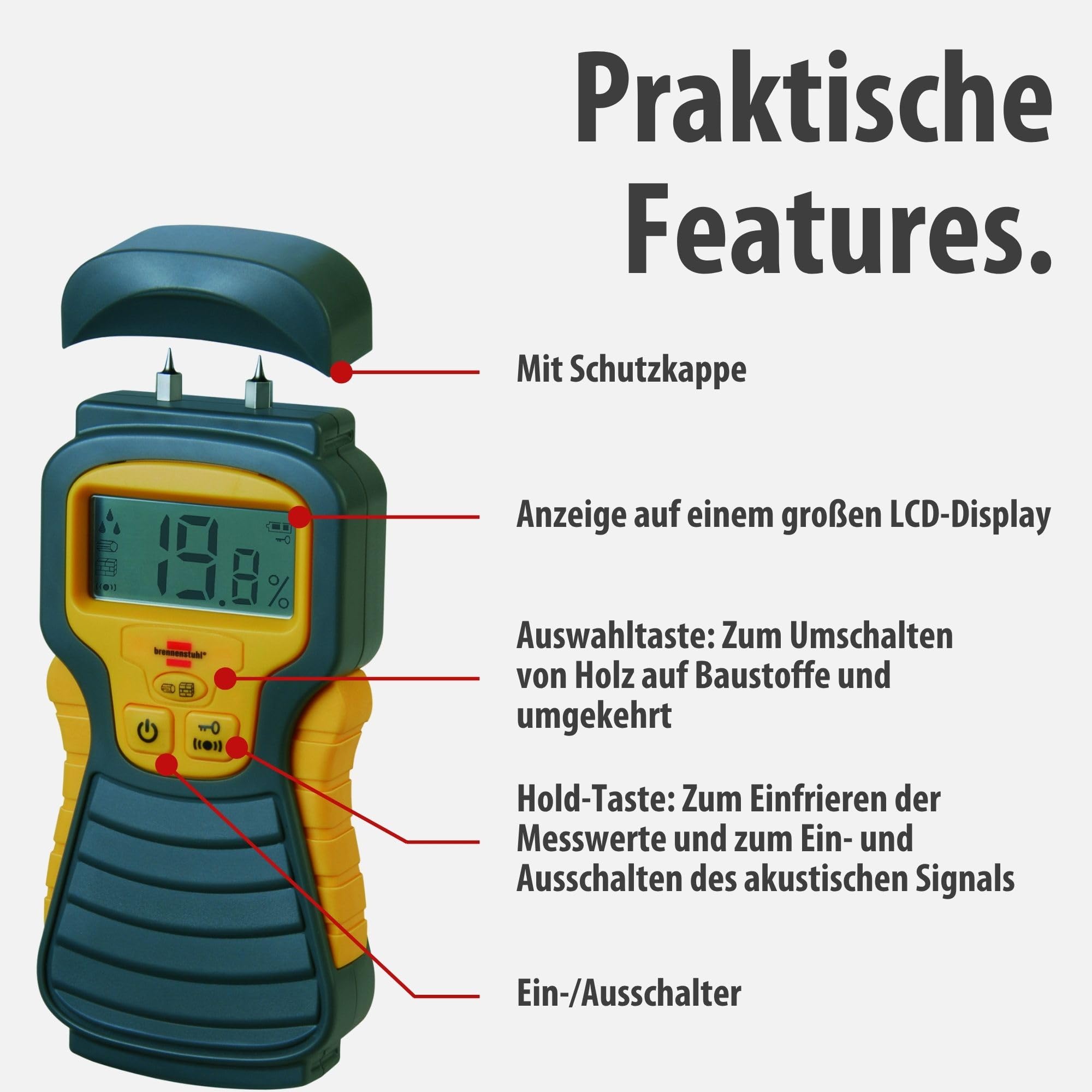 Brennenstuhl Feuchtigkeits-Detector MD (Feuchtigkeitsmessgerät/Feuchtigkeitsmesser für Holz oder Baustoffe, Holzfeuchtemessgerät mit LCD-Display) 3