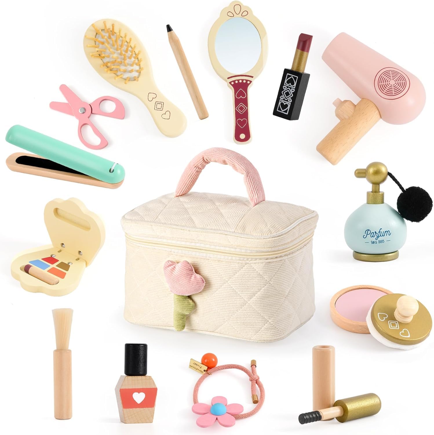 Wooden Makeup Toy Set, 15Pcs Hair Salon Girl Toys Toddler Pretend Play Makeup Kit with Plush Makeup Bag Princess Beauty Realistic Accessories for Girls Age 3 4 5 6 Birthday Gifts