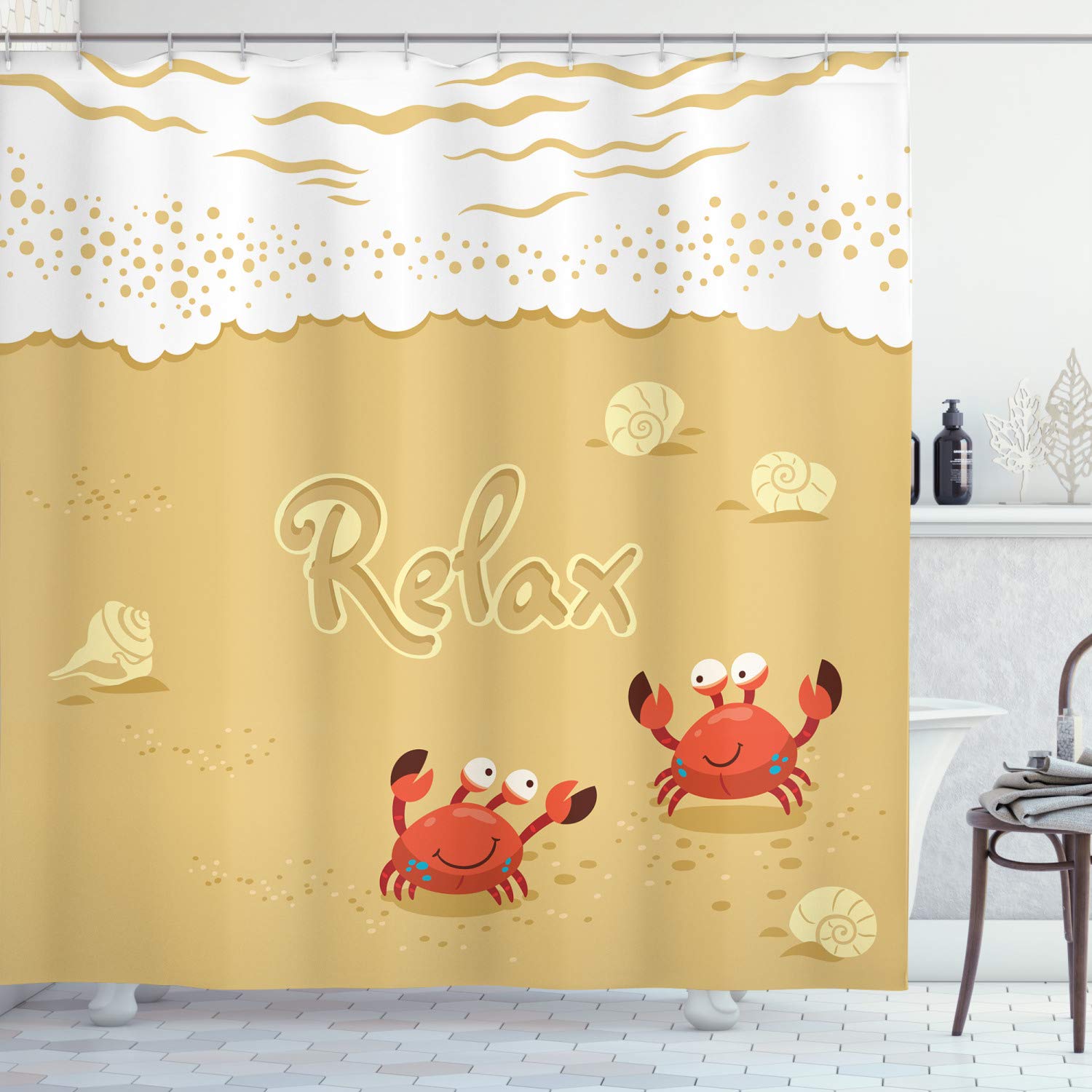ABAKUHAUS Crabs Shower Curtain, Funny Summer Card Animals on the Beach Holiday Vacation Theme Print, Cloth Fabric Bathroom Decor Set with Hooks, 175 x 220 cm, Sand Brown And White