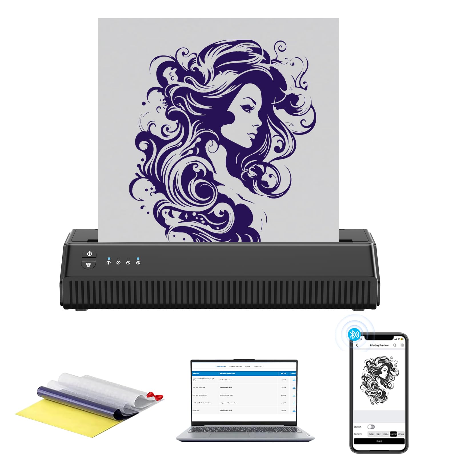 MOKOHOA Tattoo Stencil Printer, Tattoo Printer Transfer Stencil Machine with 10Pcs Transfer Paper for Android and iOS Phone&Laptop