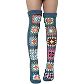 Djbdesi Women Thigh High Square Socks Warm Ethnic Hippy Crochet Cable Knit over the Knee Boot Socks Leg Warmers